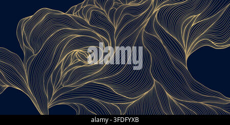 Elegant Japanese abstract pattern with flowing golden lines, oriental clouds, waves background, oriental graphic. Wallpaper, packaging, posters Stock Vector