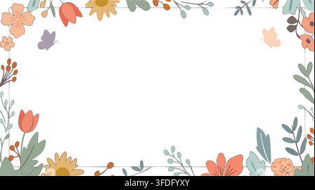Elegant Botanical Floral Border Frame with Pastel Flowers, Leaves and Butterflies, Minimalist Wedding Invitation and Greeting Card Template Vector Stock Vector