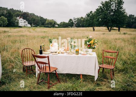 Rustic wedding reception table set in a grassy field Stock Photo