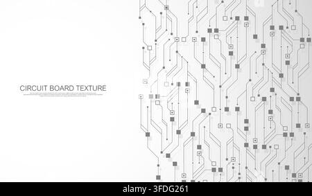 Abstract grey technology background with glowing circuit line pattern. Futuristic vector motherboard texture elements and digital data flow. Modern Stock Vector