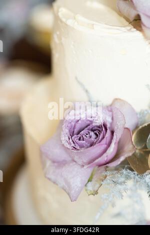 Frosted wedding cake with a sugared purple rose Stock Photo