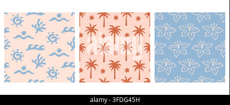 Boho beach waves, palm trees seamless pattern set Stock Vector