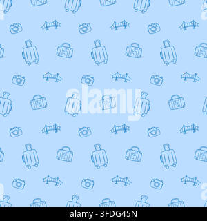 Blue travel vector seamless pattern with suitcase Stock Vector