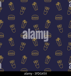 Street food seamless pattern with burgers, burrito Stock Vector