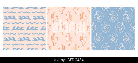 Boho coastal pattern set with waves, cactus, shell Stock Vector