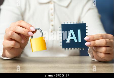 AI chip and padlock icon. Security and protection concept. Data encryption, cybersecurity and secure artificial intelligence systems protect digital i Stock Photo