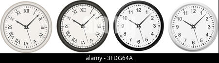Set of realistic wall clocks with different styles including classic Roman numerals and modern numeric designs. High-quality detailed illustration sui Stock Vector