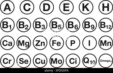 Minimal black and white set of vitamin and mineral icons in clean circular outline style. Includes essential nutrients such as A, B-complex, C, D, E, Stock Vector