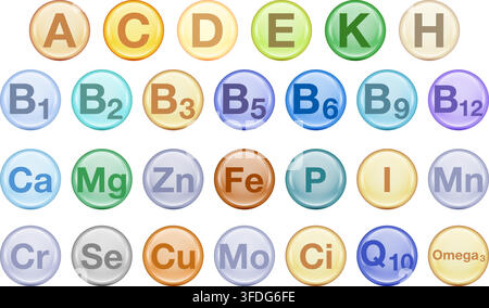 Collection of colorful glossy icons representing essential vitamins and minerals including A, B complex, C, D, E, K, calcium, magnesium, zinc, iron, a Stock Vector