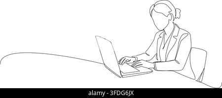 continuous line drawing of a businesswoman working on a laptop at desk, modern minimal style line art vector illustration Stock Vector