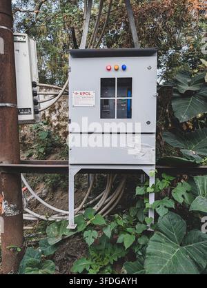 Oct3rd 2025 Dehradun India Outdoor electrical control cabinet mounted near trees and plants, with cables and metal poles in a green natural setting Stock Photo