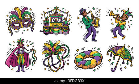 Minimal Mardi Gras Silhouette Vector Set with Carnival Floats Jazz Musicians Costumes and Festival Traditions. Stock Vector