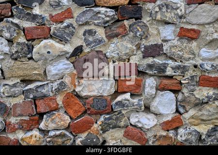 Abstract background detail of the wall of a building on the Norfolk coast made from brick, chalk and flint Stock Photo
