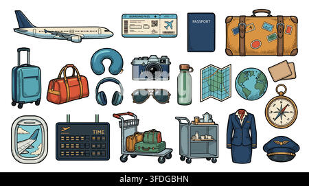 Air travel flight equipment, aviation transportation vacation gear, and airport elements doodle collection set Vector Illustration. Stock Vector