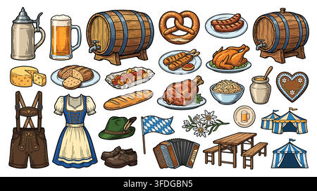 Oktoberfest beer and traditional german food elements collection with oktoberfest pretzels festival bavarian clothing celebration tradition handdrawn Stock Vector