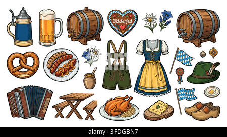 Oktoberfest beer and traditional german food elements collection with oktoberfest pretzels festival bavarian clothing celebration tradition handdrawn Stock Vector
