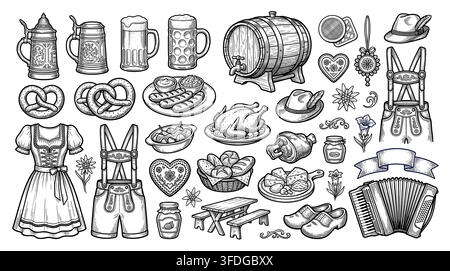 Oktoberfest beer and traditional german food elements collection with oktoberfest pretzels festival bavarian clothing celebration tradition handdrawn Stock Vector