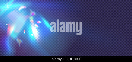Prism light effect with crystal rainbow flares and holographic overlay. Sun rays create transparent sparkle texture with lens glare and iridescent Stock Vector