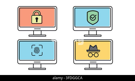Cyber security and digital privacy computer monitors vector icons set. Black line art with offset fill style on white background. Stock Vector