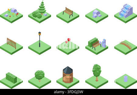 City garden elements. Isometric outdoor bench, fountain, tree. Park 3d design objects on green ground. Decorations for design of public space, vector Stock Vector