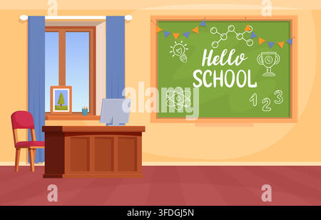 Classroom interior. Cartoon classroom with green classic chalkboard and teacher table. Back to school background. Education building, college, vector Stock Vector