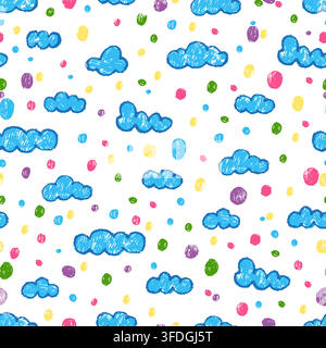 Clouds and colorful blobs seamless pattern. Rainbow color rounds and blue cloud. Abstract crayon style drawing print for fabric design, vector Stock Vector