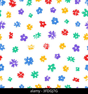 Crayon drawing flowers seamless pattern. Children style, colorful pencils flower. Floral blooming print for fabric, wrapping, decorative background Stock Vector