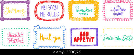Decorative grunge frames with lettering phrases. Crayon drawing style frame design, children draw. Hello autumn, yummy, thank you banners, vector set Stock Vector
