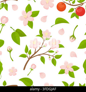 Floral apple tree branches seamless pattern. Cartoon pink flowers and petals, blooming branch, red apples. Seasonal fruits print design, vector Stock Vector