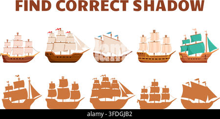 Find correct ship shadow. Simple educational game for toddlers with cartoon vintage vessels. Different retro wooden boats. Funny children play vector Stock Vector