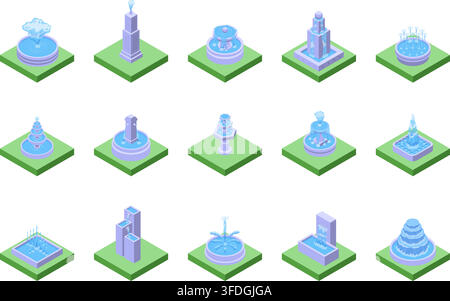 Isometric fountains on green ground. Decorative 3d fountain with water for city park, garden, personal nature zone. Stylish classic and modern vector Stock Vector