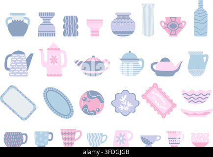 Kitchen elements. Ceramic mugs, plates, jugs and teapot, vases and bowls. Decorative trays with ornaments. Isolated dishes, kitchenware, vector Stock Vector