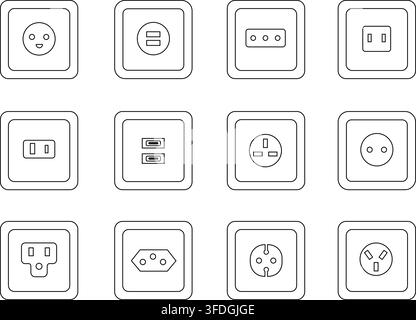 Line socket plug icons. Isolated sockets different design. Connection for electrical devices with diverse types plugs. Power, electricity, vector Stock Vector