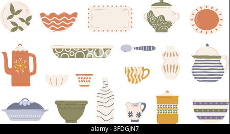 Modern style ceramic kitchen crockery. Different tray, plates, cup and mug, jug, vase. Rustic home kitchenware design. Dishes for eating, cooking Stock Vector