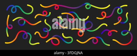 Wavy squiggle rainbow gradient color line create dynamic abstract curve vector illustration set. Stock Vector