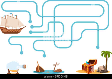 Ocean adventures maze game template. Children puzzle with ship finding treasure island. Help vessel find correct way. Sea travel, vector design Stock Vector