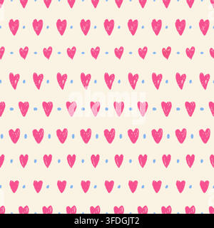 Pink hearts and blue dots seamless pattern. Crayon children style drawing. Love and romantic, girly print for fabric, wrapping design, vector Stock Vector