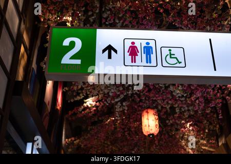 Restroom and accessibility direction sign on the second floor of shopping mall, guiding visitors to male, female and wheelchair friendly facilities in Stock Photo