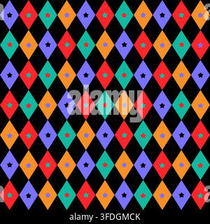 Vintage diamond pattern with festive circus motifs creates elegant holiday backdrop seamless vector pattern. Stock Vector