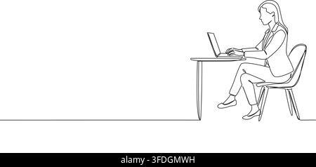continuous line drawing of businesswoman sitting at desk working on laptop computer, line art vector illustration Stock Vector