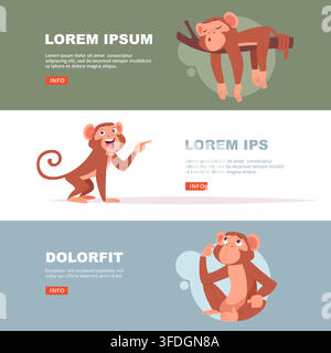 Cartoon monkey sleeping, talking and thinking web banner set Stock Vector