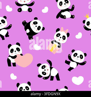Cute cartoon pandas with hearts gifts and crown seamless vector pattern Stock Vector