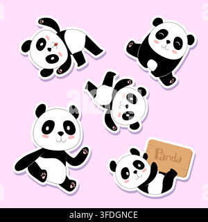 Cute cartoon pandas sticker style with panda sign seamless vector pattern Stock Vector