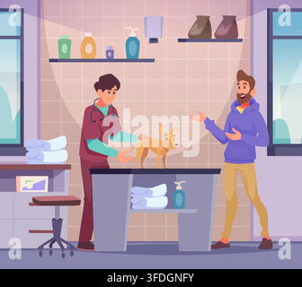 Veterinarian examining dog with pet owner vector background Stock Vector