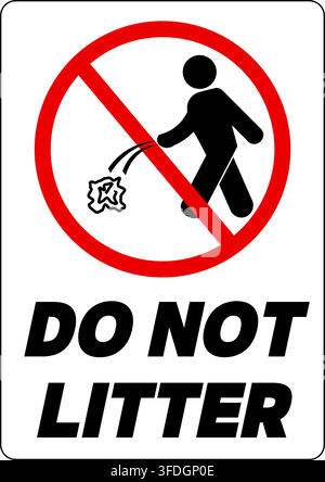 Do not litter, prohibition sign with silhouette of a walking person throwing a crumpled paper on the ground. Text below. Stock Vector