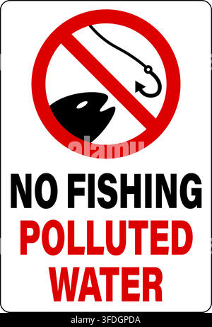 No fishing, polluted water. Ban sign with a fish is biting the hook. Text below in red and black color. Stock Vector