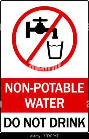 Non-potable water, do not drink. Ban sign with glass of water and faucet. Text below on red and white background. Stock Vector