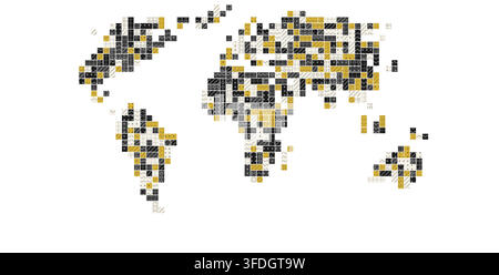 charcoal gold africa world map rendered as pixel block mosaic with colored square blocks arranged in a grid for wall art design display interior Stock Vector