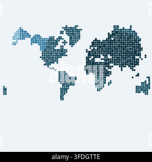 abstract slate blue atlantic pixel block mosaic world map showing colored square blocks arranged in a grid for print decor display interior framed Stock Vector
