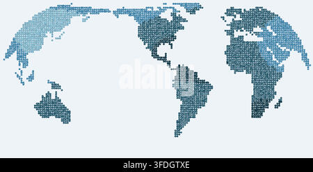 slate blue north america world map rendered as pixel block mosaic with colored square blocks arranged in a grid for wall art display interior framed Stock Vector